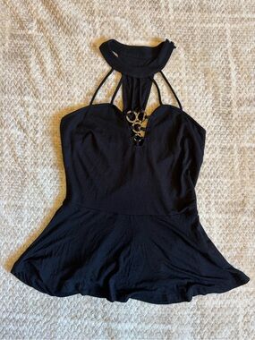 GUESS Y2K Black Halter Top Gold Ring Cutout Clubwear XS